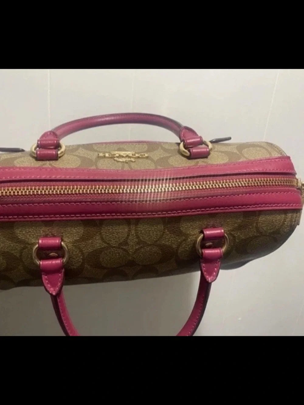 Coach Khaki & Dark Fuchsia Pink Rowan Signature Canvas Satchel Crossbody Handbag